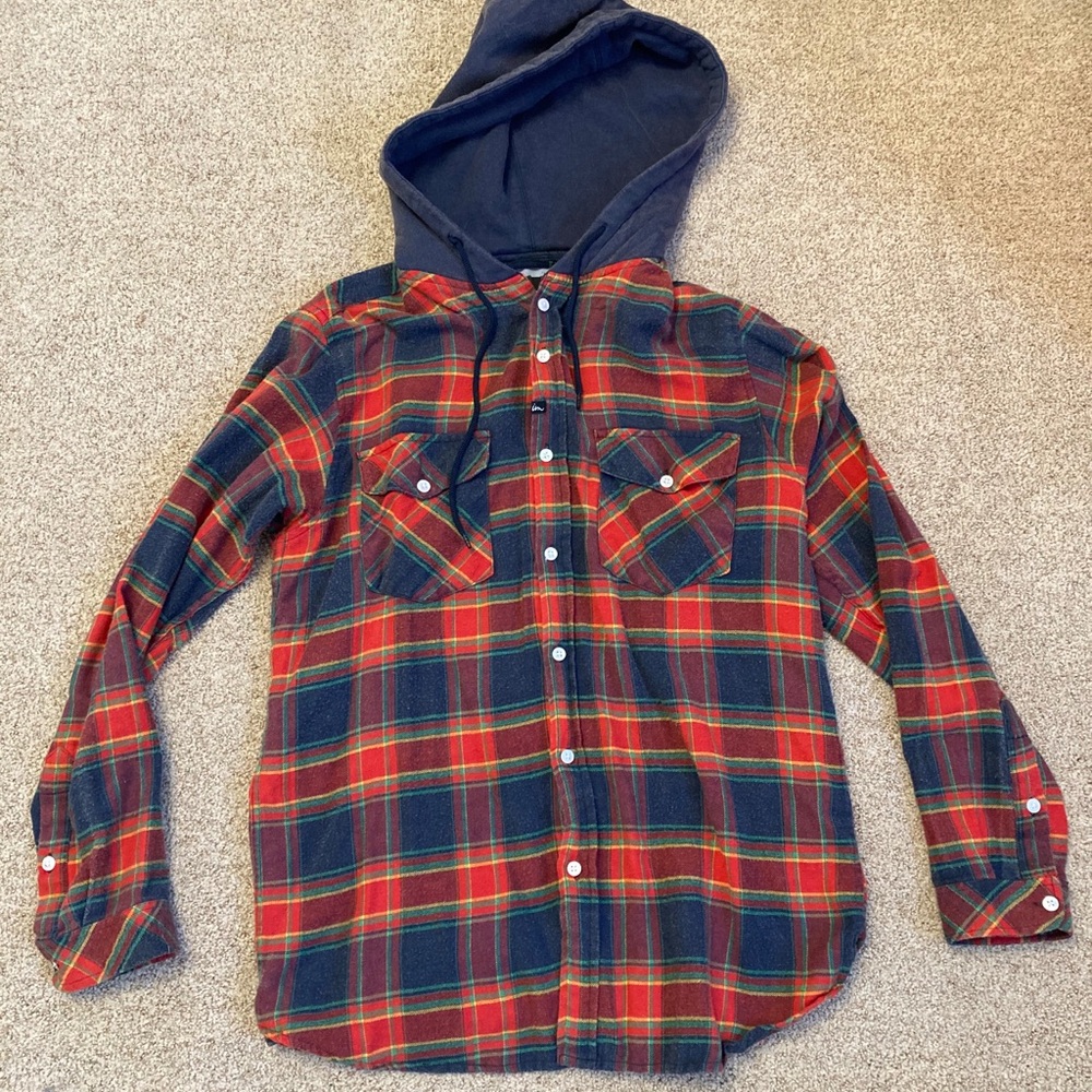 hooded red plaid flannel (size S)